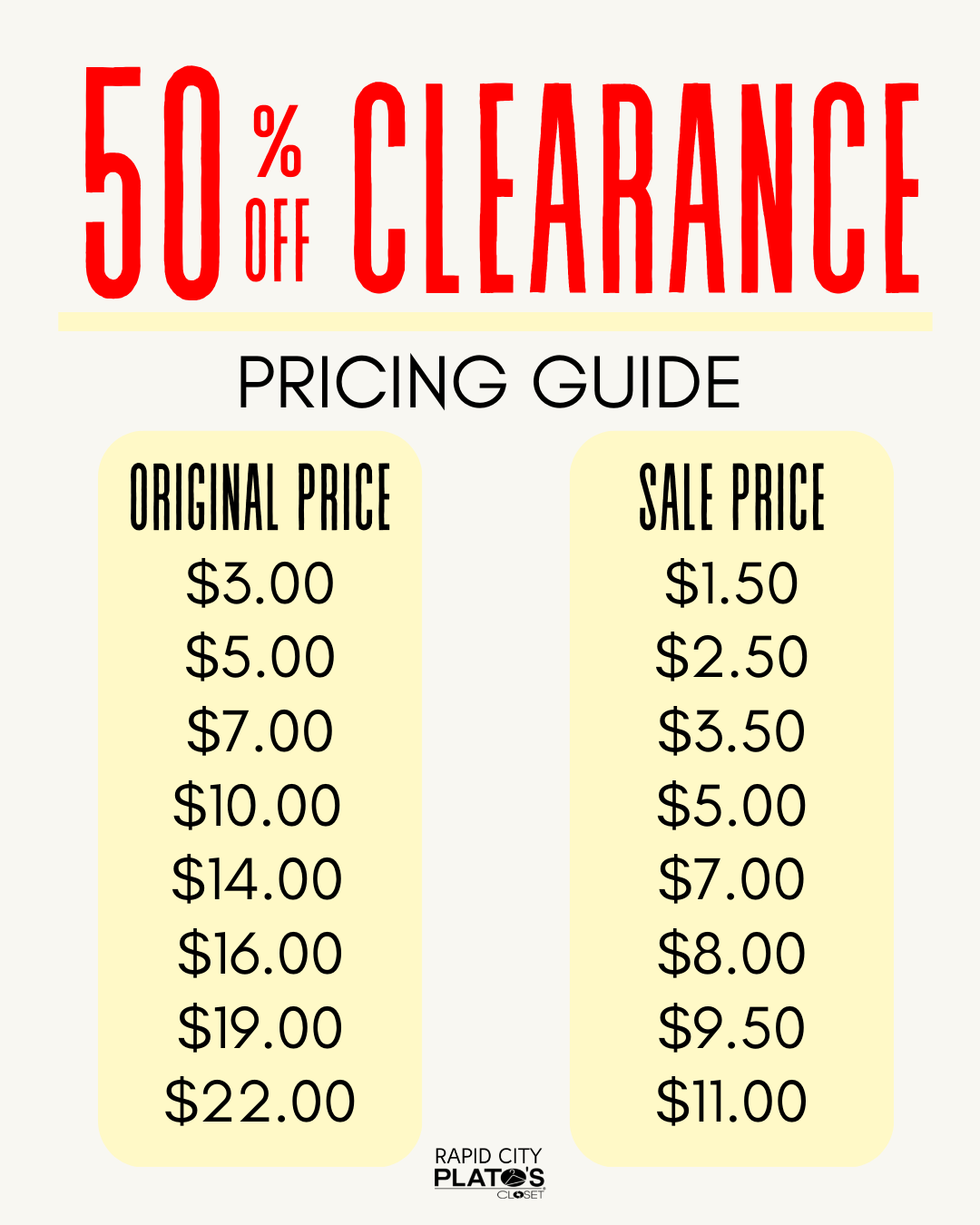 50% off clearance pricing guide